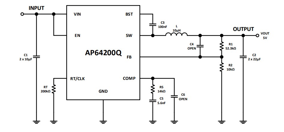 Application Circuit Diagram - Diodes Incorporated AP64200Q Automotive Synchronous Buck Converter Application Circuit Diagram - Diodes Incorporated AP64200Q Automotive Synchronous Buck Converter